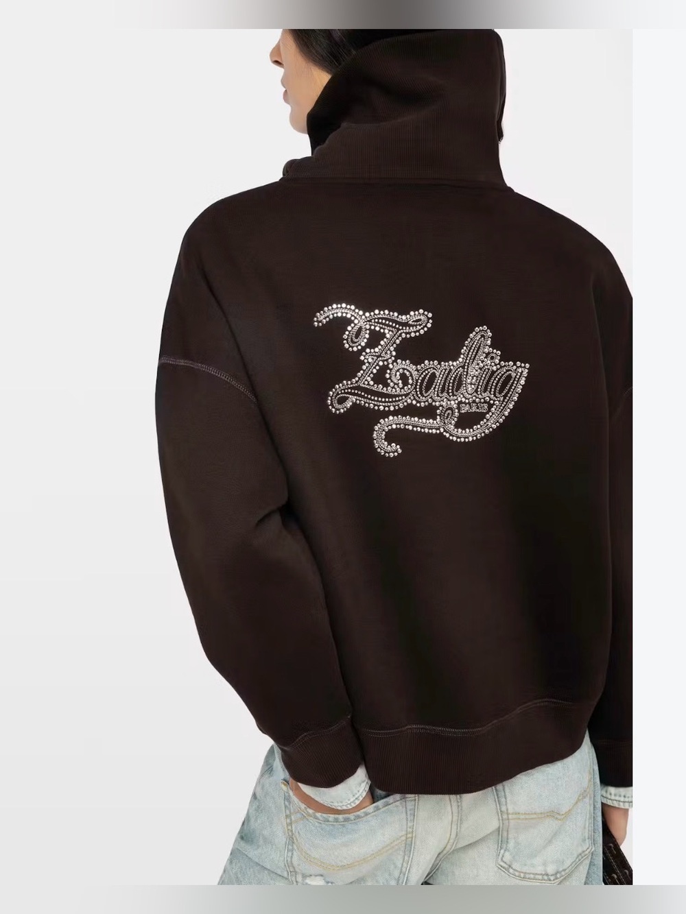 Zadig & Voltaire Maya Brown Turtleneck Sweatshirt with Embroidery Crystal Logo